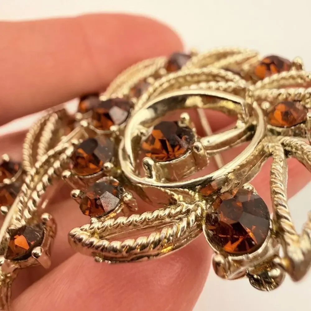 Vtg Signed Lisner MCM Brooch Floral Branch Brown Crystal Rhinestone Gold Tone